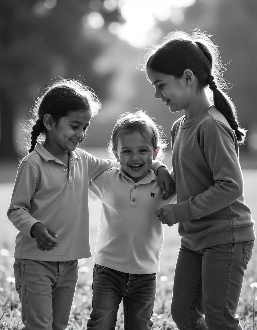 Ai generated image of three kids smiling in a black and white/gray picture. Kids walking on the street