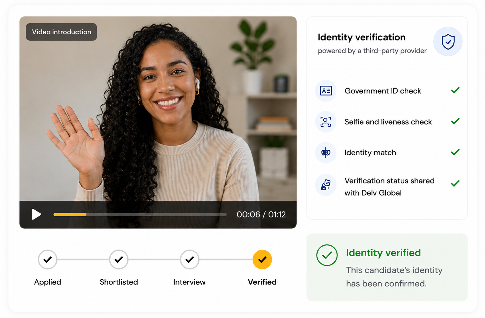 Identity verification interface showing government ID check, selfie and liveness check, identity match, and verified status
